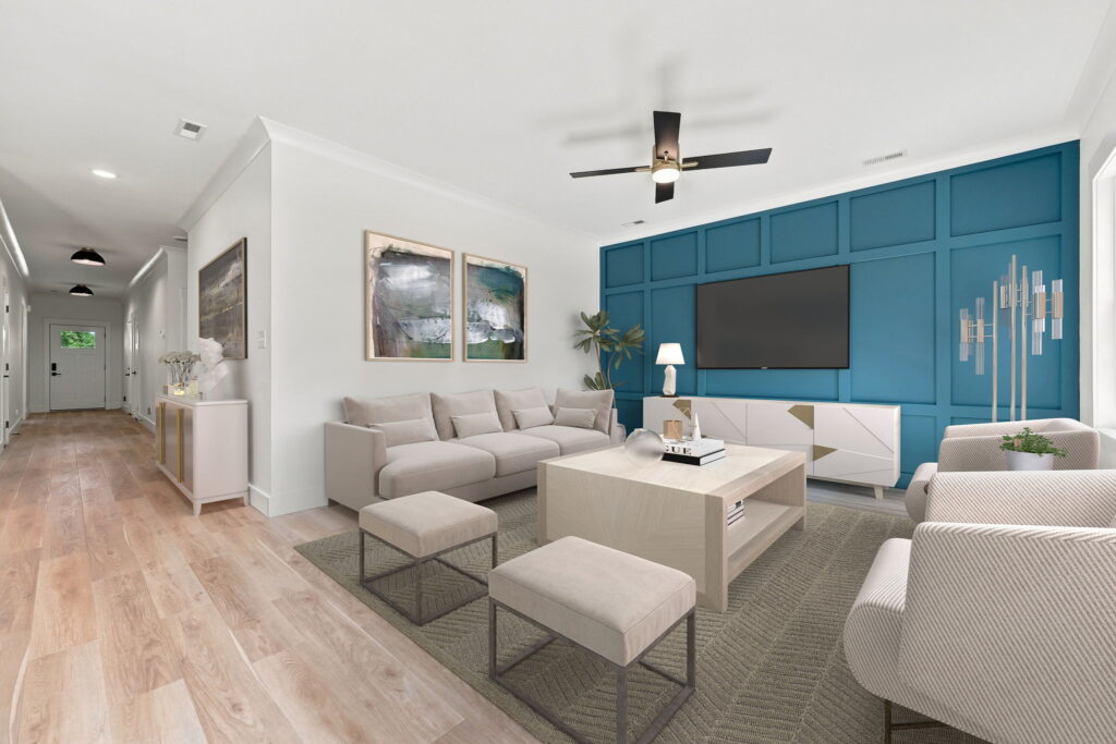 Staged Media Wall — Room for a mounted TV and a full sectional