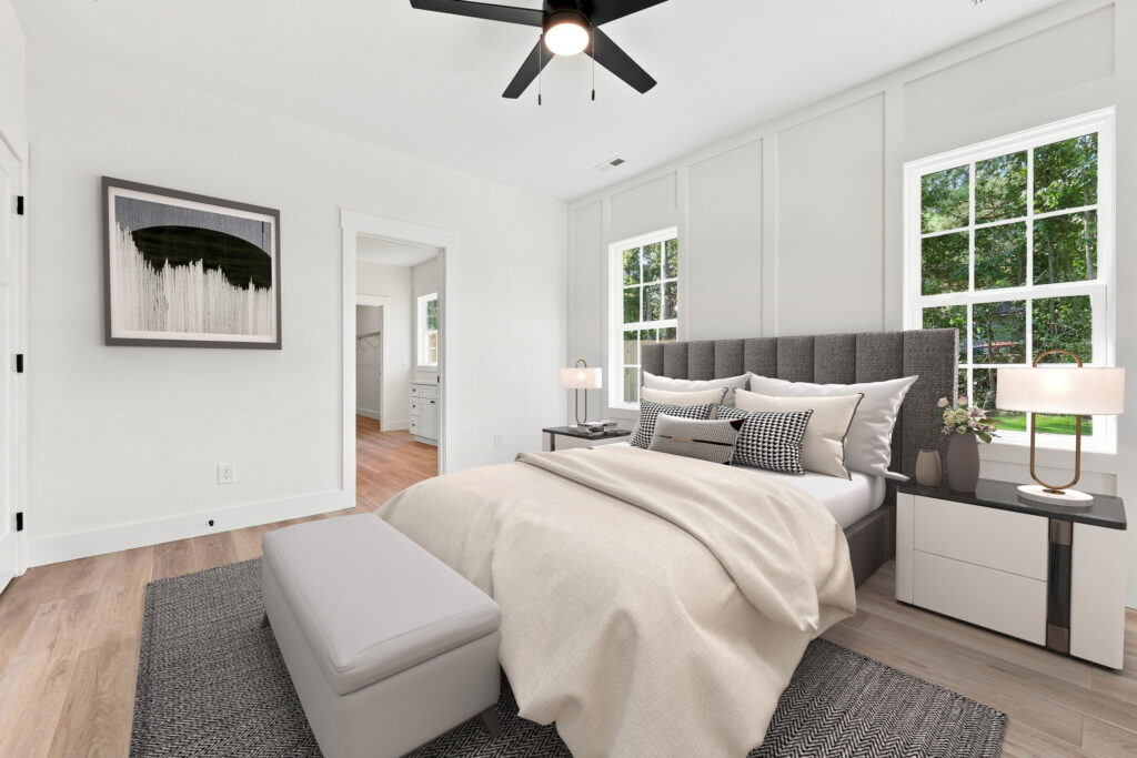 Staged Primary Bedroom — Shows room for a substantial bed, side tables, and a bench