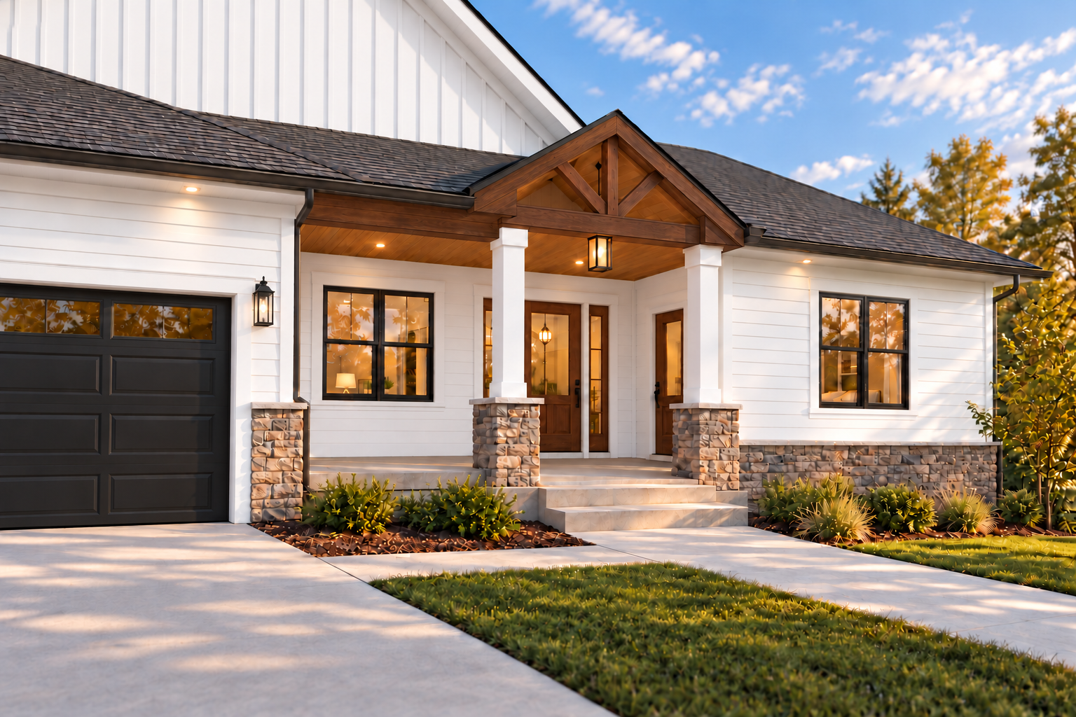The Lewis conceptual front porch approach with timber gable and black garage wall lantern