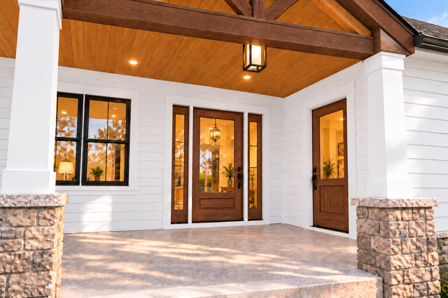The Lewis conceptual covered porch detail with timber ceiling and stone column bases