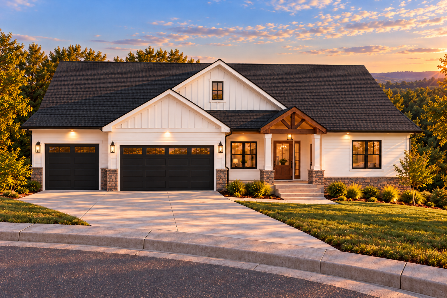 The Lewis conceptual street approach with white siding, a three-car garage and black garage wall lanterns